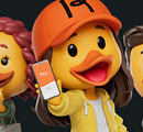 Tres patos 3D mostrando una app en sus celulares