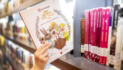 Libro de educación financiera de BancoEstado en una biblioteca