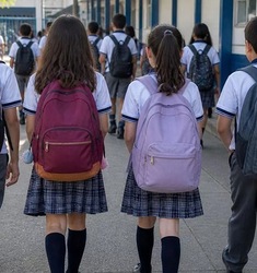 Estudiantes caminan hacia su escuela con mochilas.